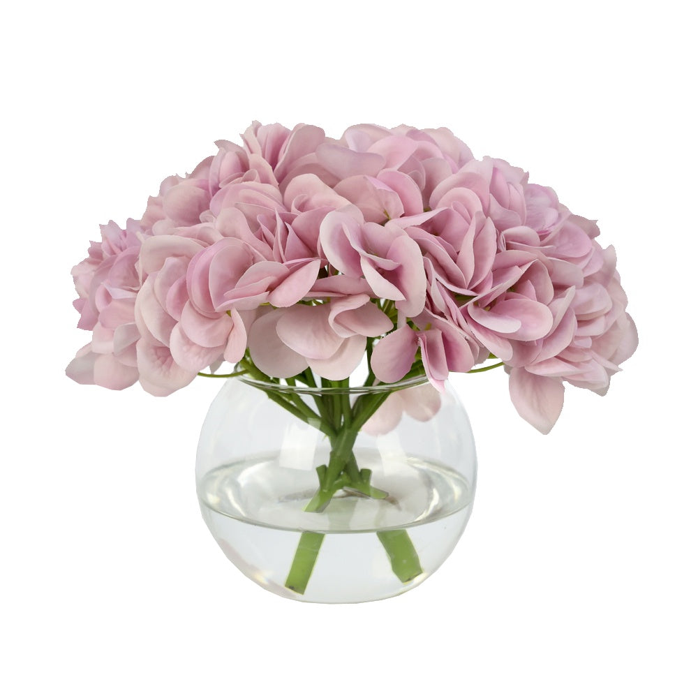 Dusty Pink Artificial Hydrangea Arrangement in Glass Globe Vase - Small IHR-HYD070-PK-S