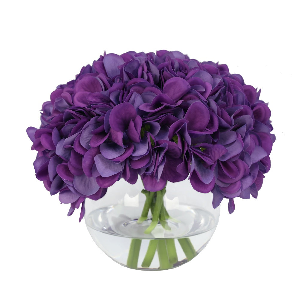 Purple Artificial Hydrangea Arrangement in Glass Globe Vase - Medium IHR-HYD070-PR-M