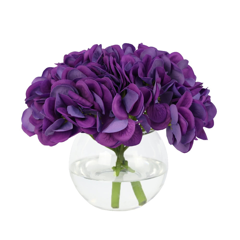 Purple Artificial Hydrangea Arrangement in Glass Globe Vase - Smallobe Vase -  Small IHR-HYD070-PR-S