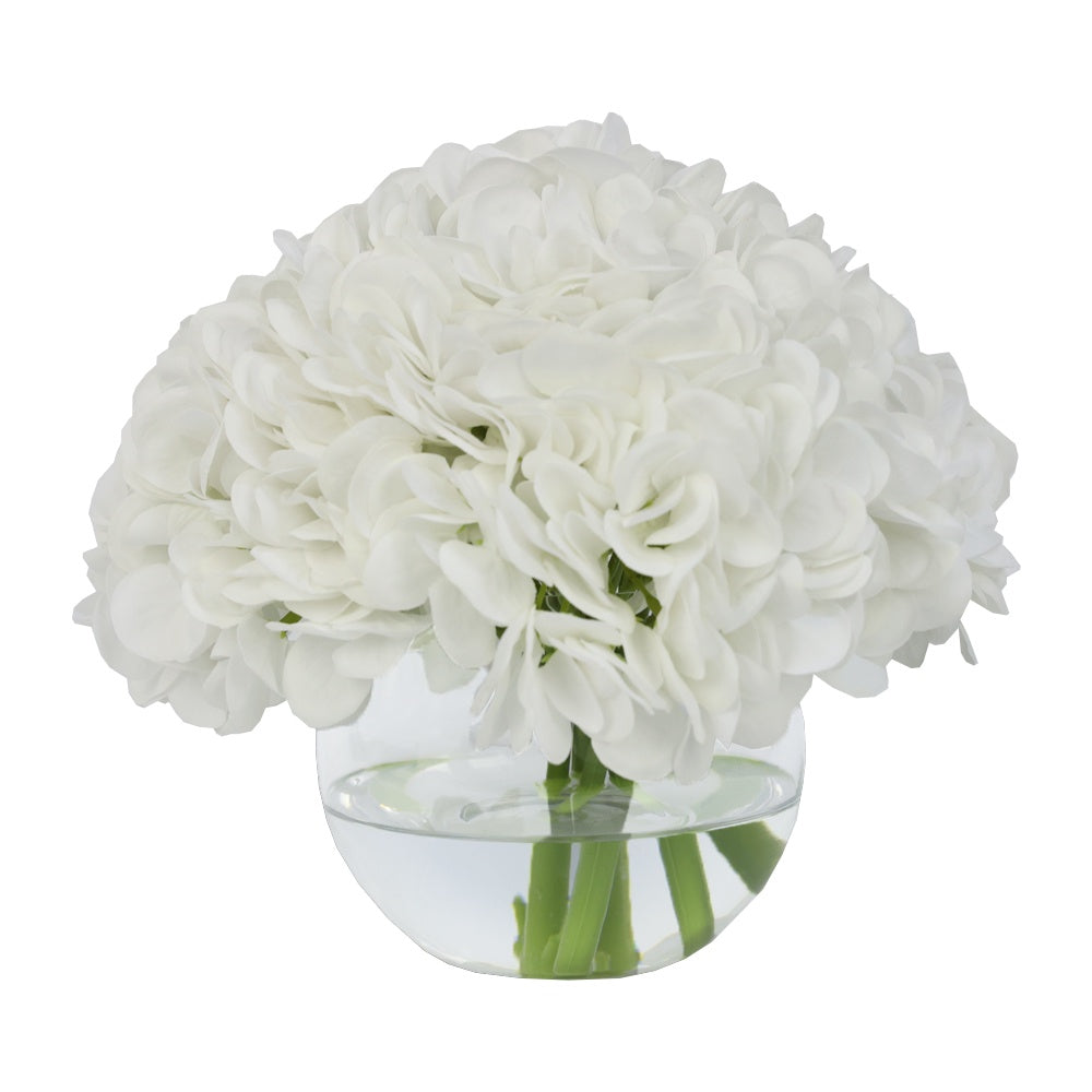 White Artificial Hydrangea Arrangement in Glass Globe Vase - Medium IHR-HYD070-W-M