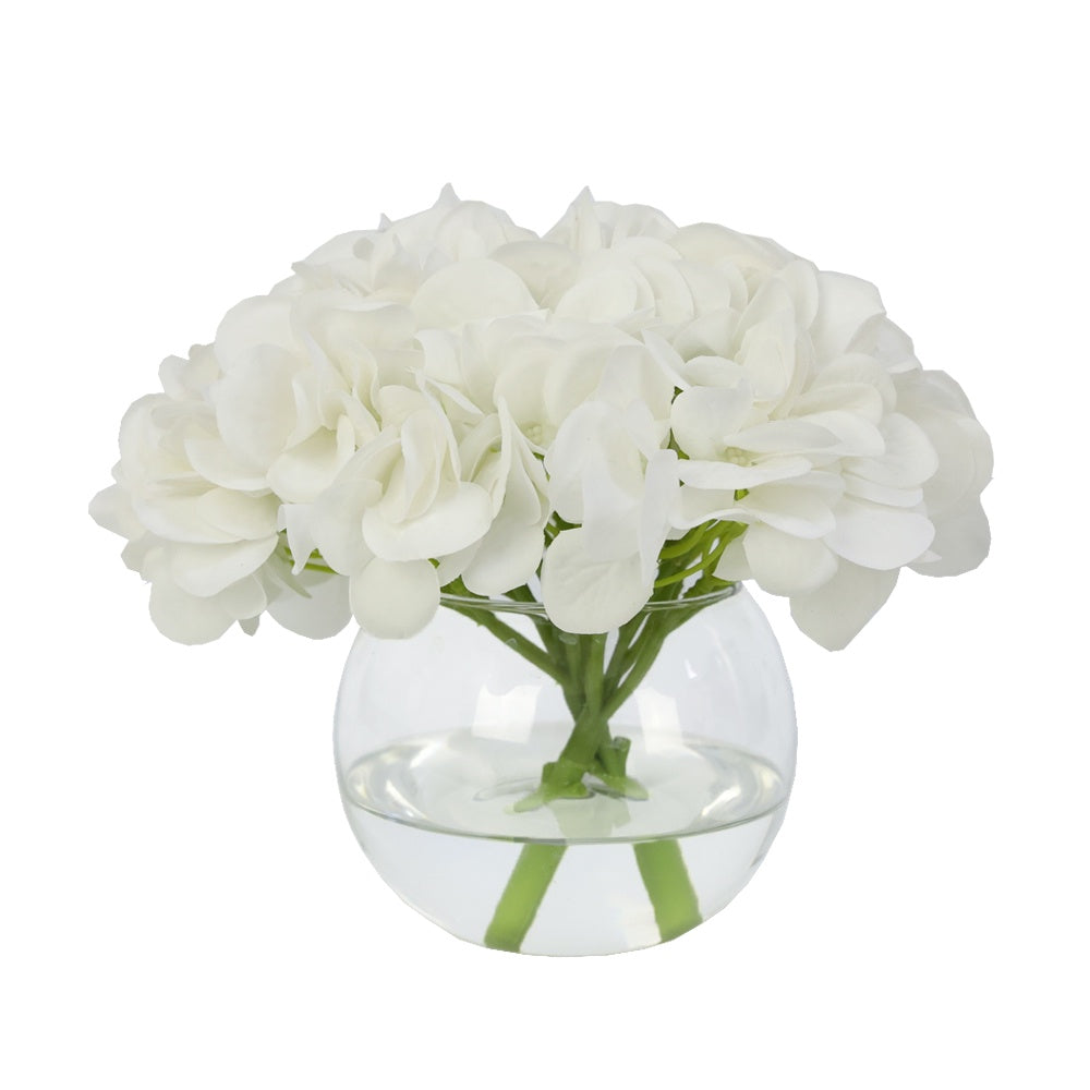 White Artificial Hydrangea Arrangement in Glass Globe Vase - Small IHR-HYD070-W-S