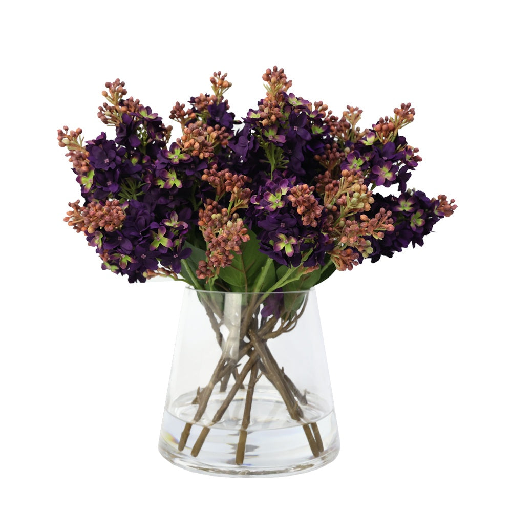 Dark Purple Artificial Lilac Arrangement in Glass Conical Vase - Large IHR-LL010-DPR