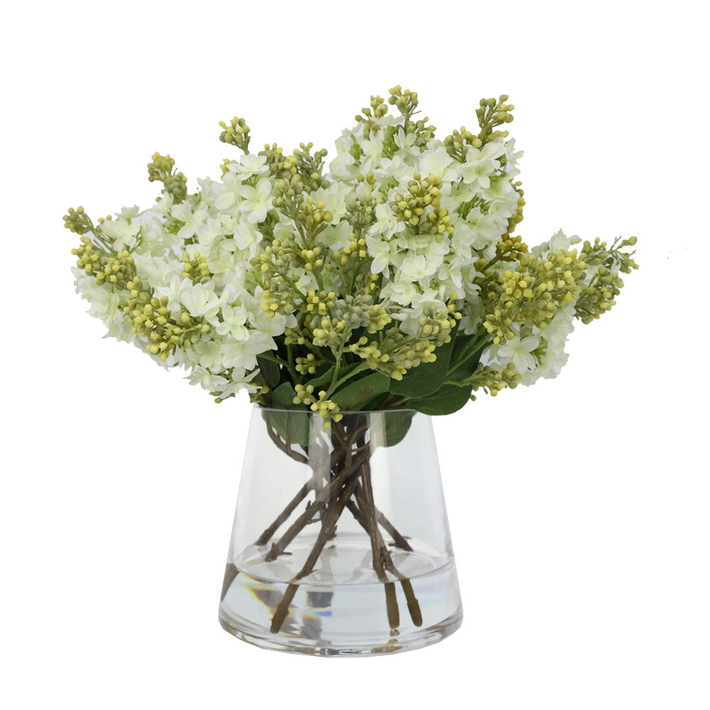 White Artificial Lilac Arrangement in Glass Conical Vase - Large IHR-LL010-W