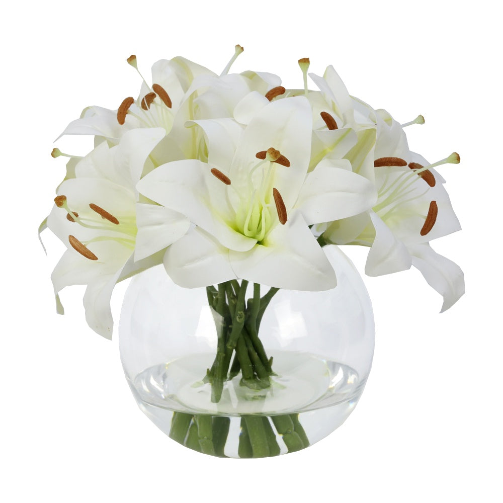 White Artificial Lily Arrangement in Glass Globe Vase - Large IHR-LY103-W-L