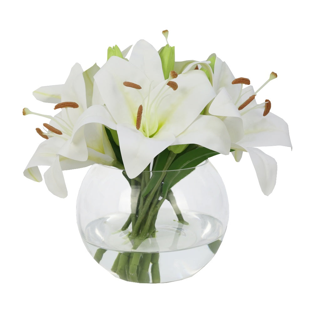 White Artificial Lily Arrangement in Glass Globe Vase - Medium IHR-LY103-W-M