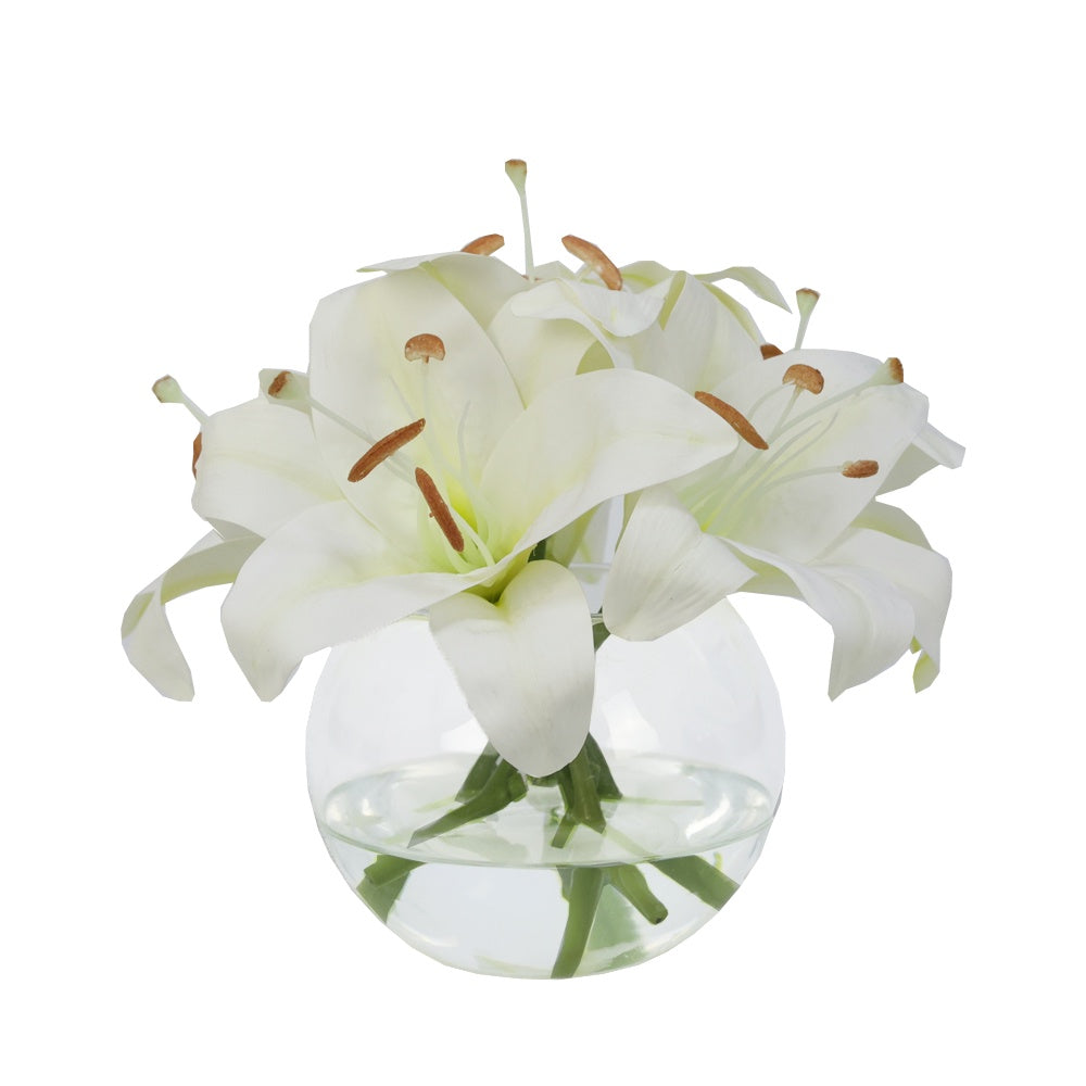 White Artificial Lily Arrangement in Glass Globe Vase - Small IHR-LY103-W-S