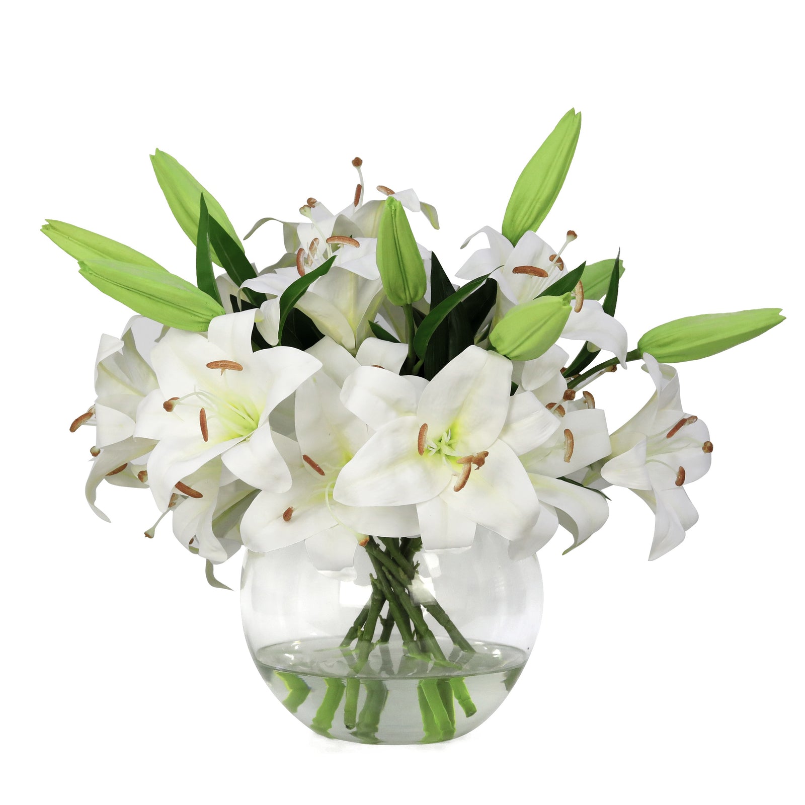 White Artificial Lily Arrangement in Round Vase IHR-LY104-W