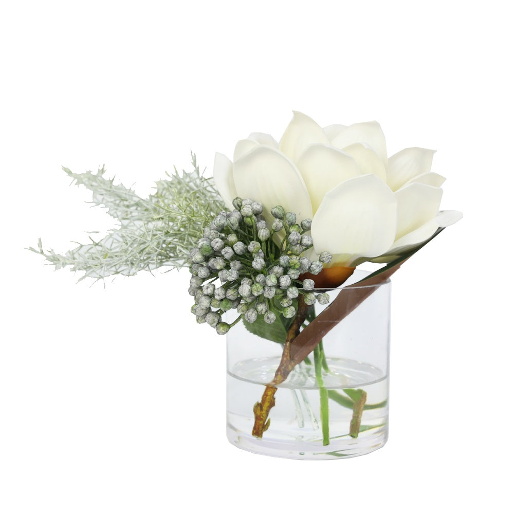 White Artificial Magnolia with Berry & Grass Arrangement in Glass Cylindrical Vase IHR-MGN122-W