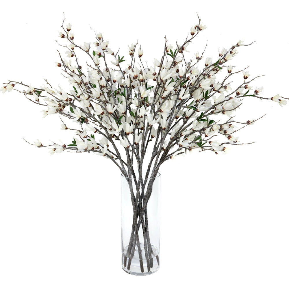 White Artificial Magnolia Arrangement in Glass Cylindrical Vase IHR-MGN123-W