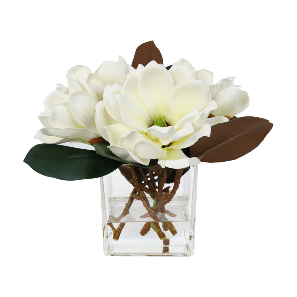 White Artificial Magnolia Arrangement in Glass Square Vase - Medium IHR-MGN124-W-M