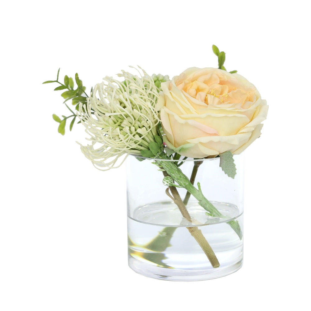 Champagne Artificial Austin Rose with White Pincushion and White Berry Arrangement in Glass Cylindrical Vase - Small IHR-MX101-A