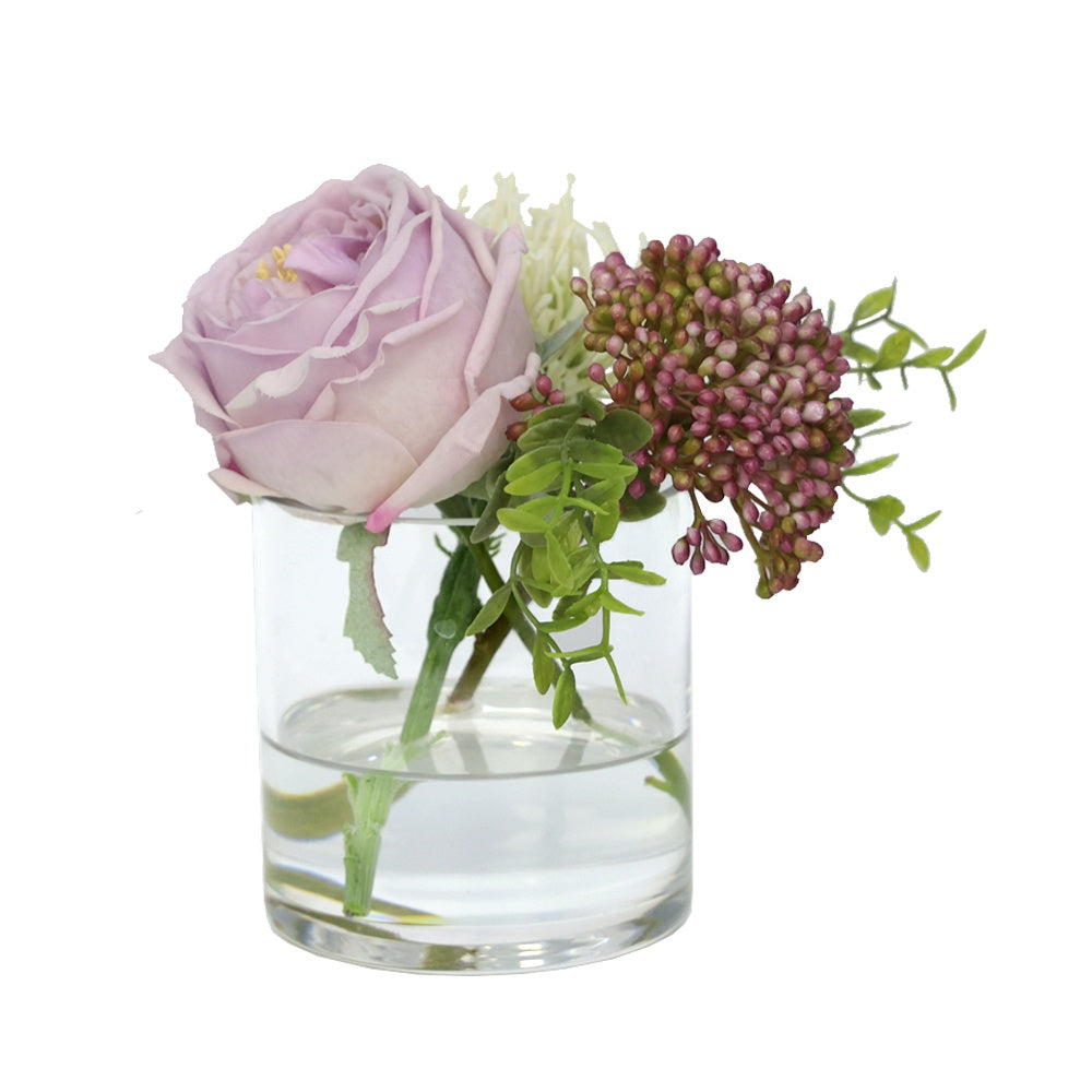 Light Purple Artificial Austin Rose with White Pincushion and Pink Berry Arrangement in Glass Cylindrical Vase - Small IHR-MX101-B