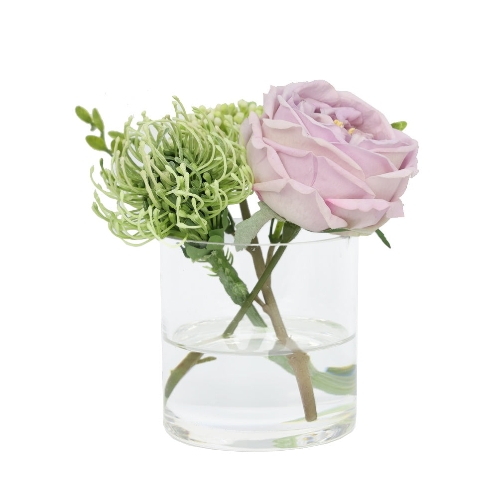 Light Purple Artificial Austin Rose with White Pincushion and White Berry Arrangement in Glass Cylindrical Vase - Small IHR-MX101-C