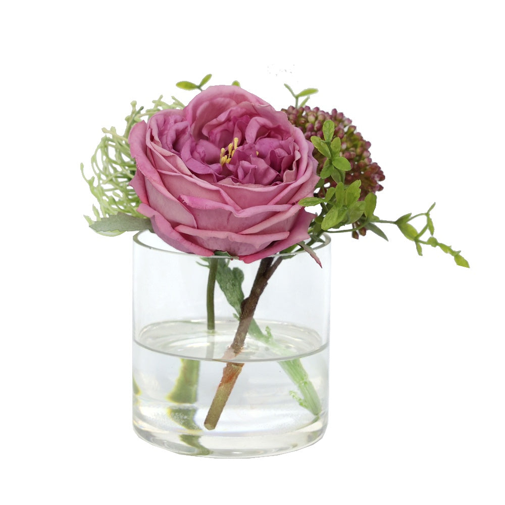 Dark Pink Artificial Austin Rose with White Pincushion and White Berry Arrangement in Glass Cylindrical Vase - Small IHR-MX101-D