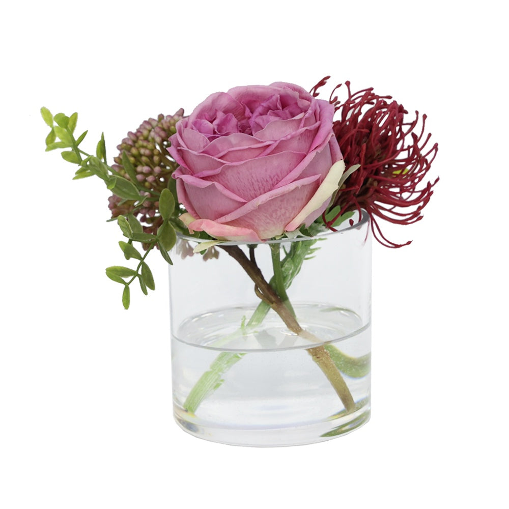 Dark Pink Artificial Austin Rose with White Pincushion and White Berry Arrangement in Glass Cylindrical Vase - Small IHR-MX101-E