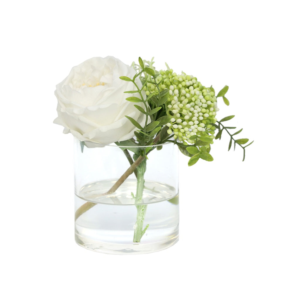 White Artificial Austin Rose with White Pincushion and White Berry Arrangement in Glass Cylindrical Vase - Small IHR-MX101-F