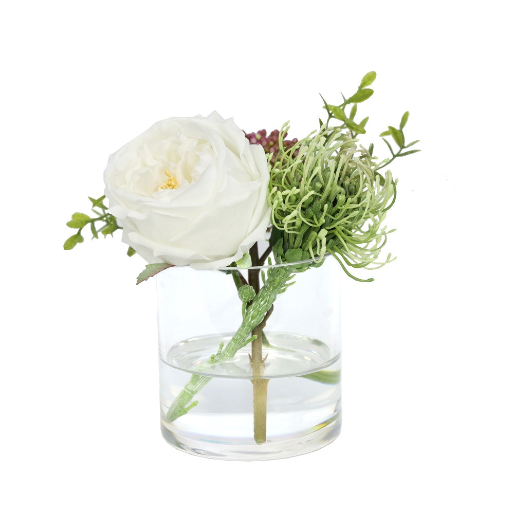 White Artificial Austin Rose with White Pincushion and White Berry Arrangement in Glass Cylindrical Vase - Small IHR-MX101-G