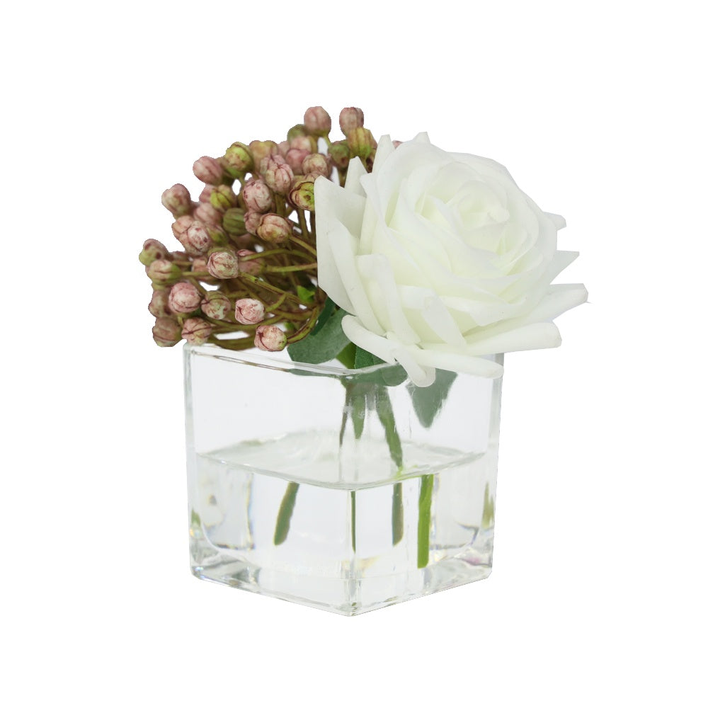 White Artificial Rose with Purple Berry Arrangement in Mini Glass Square Vase IHR-MX102-A