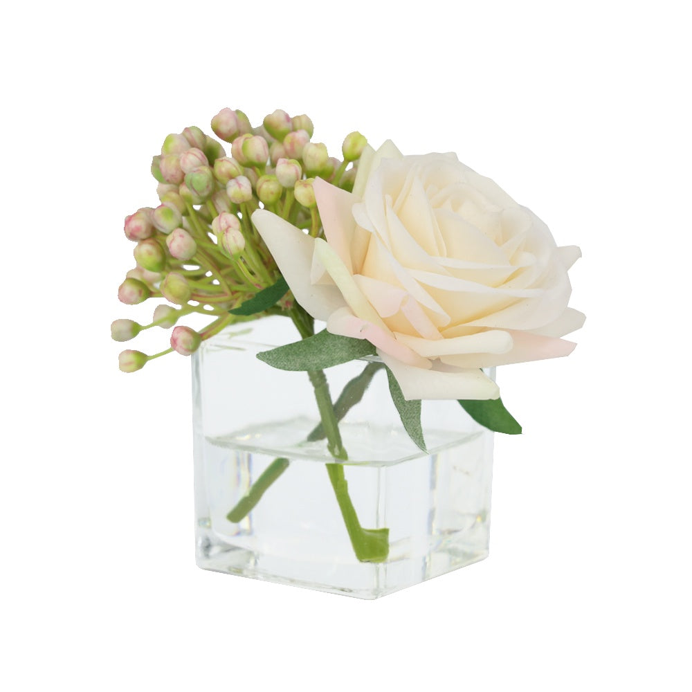 Champagne Artificial Rose with Purple Berry Arrangement in Mini Glass Square Vase IHR-MX102-B