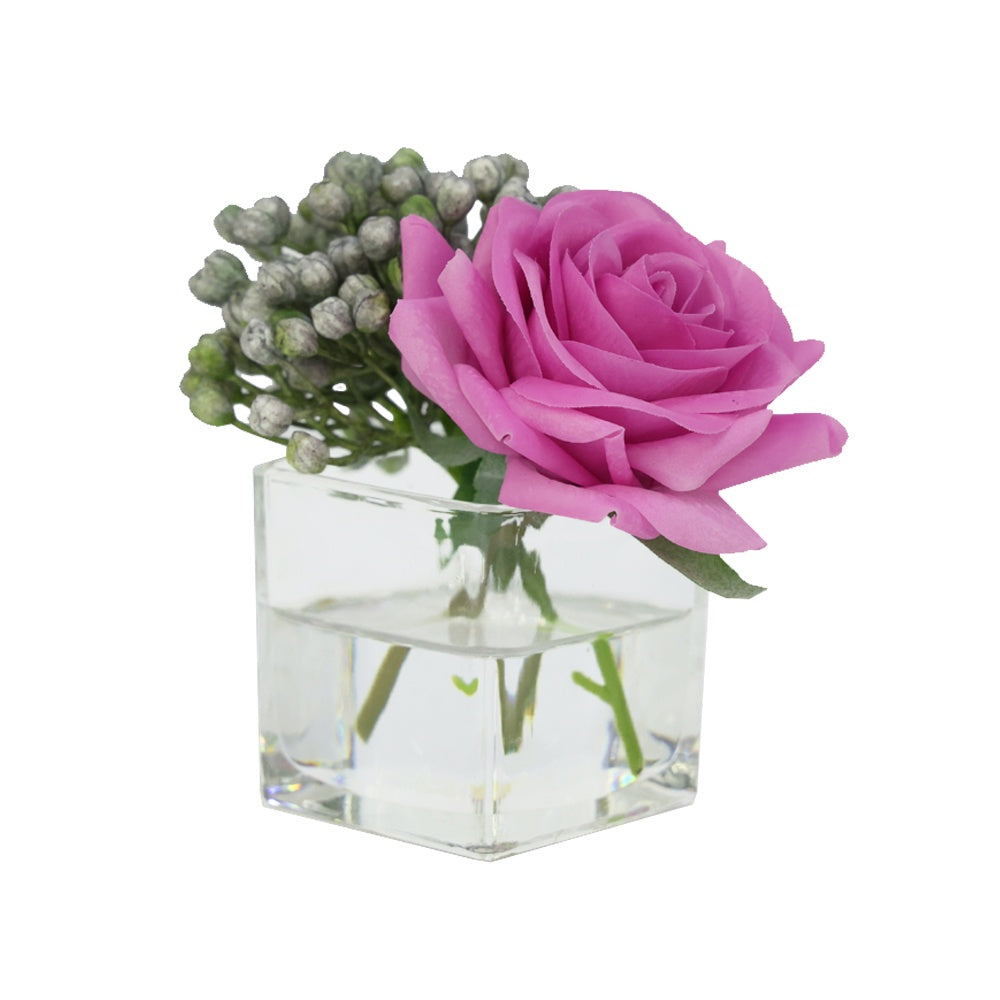 Dark Pink Artificial Rose with Purple Berry Arrangement in Mini Glass Square Vase IHR-MX102-C
