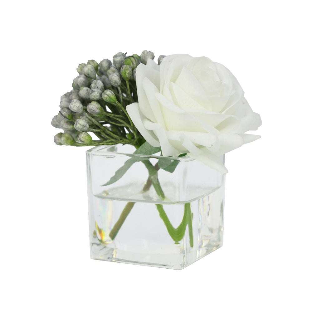 White Artificial Rose with Purple Berry Arrangement in Mini Glass Square Vase IHR-MX102-D