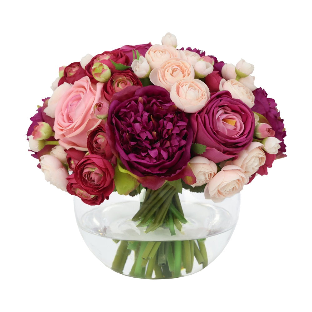 Pink & Purple Artificial Rose and Mini Ranunculus Arrangement in Glass Globe Vase - Large IHR-MX103-DP