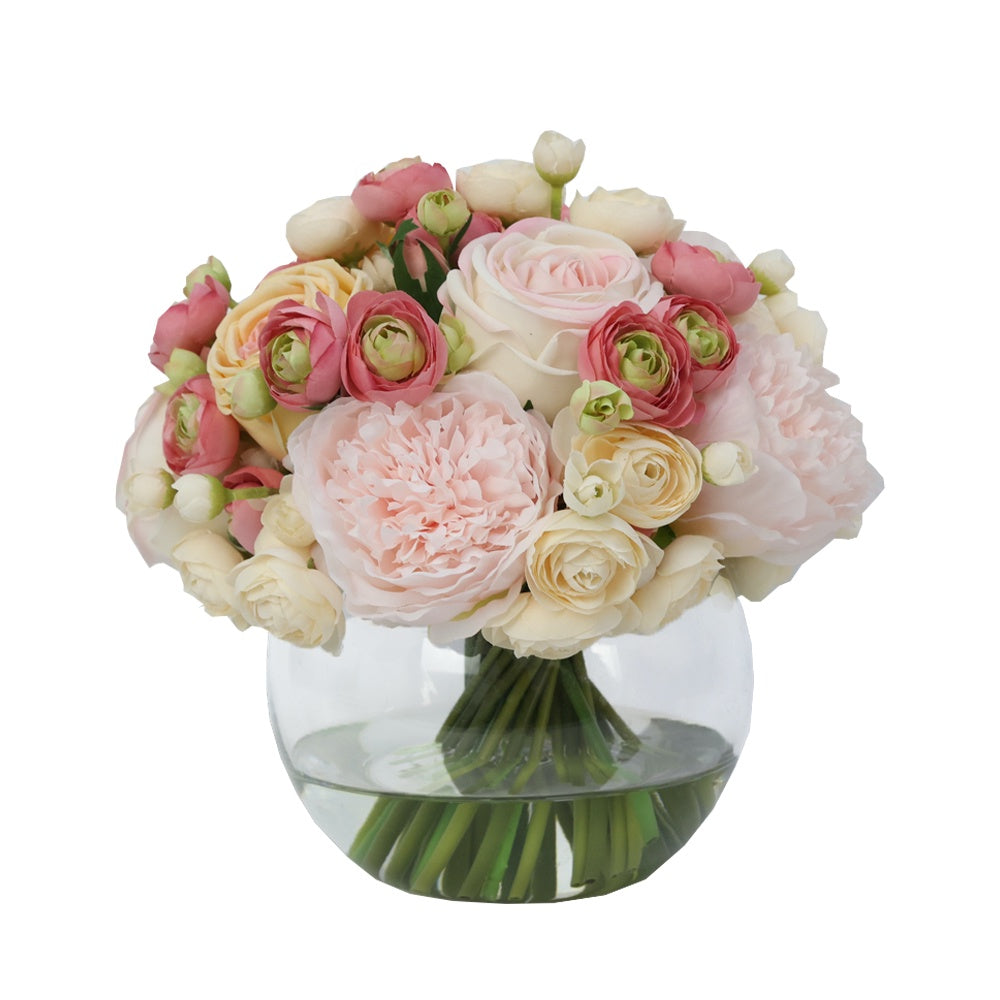 Pink & Champagne Artificial Peony, Rose and Mini Ranunculus Arrangement in Glass Globe Vase - Large IHR-MX103-OR