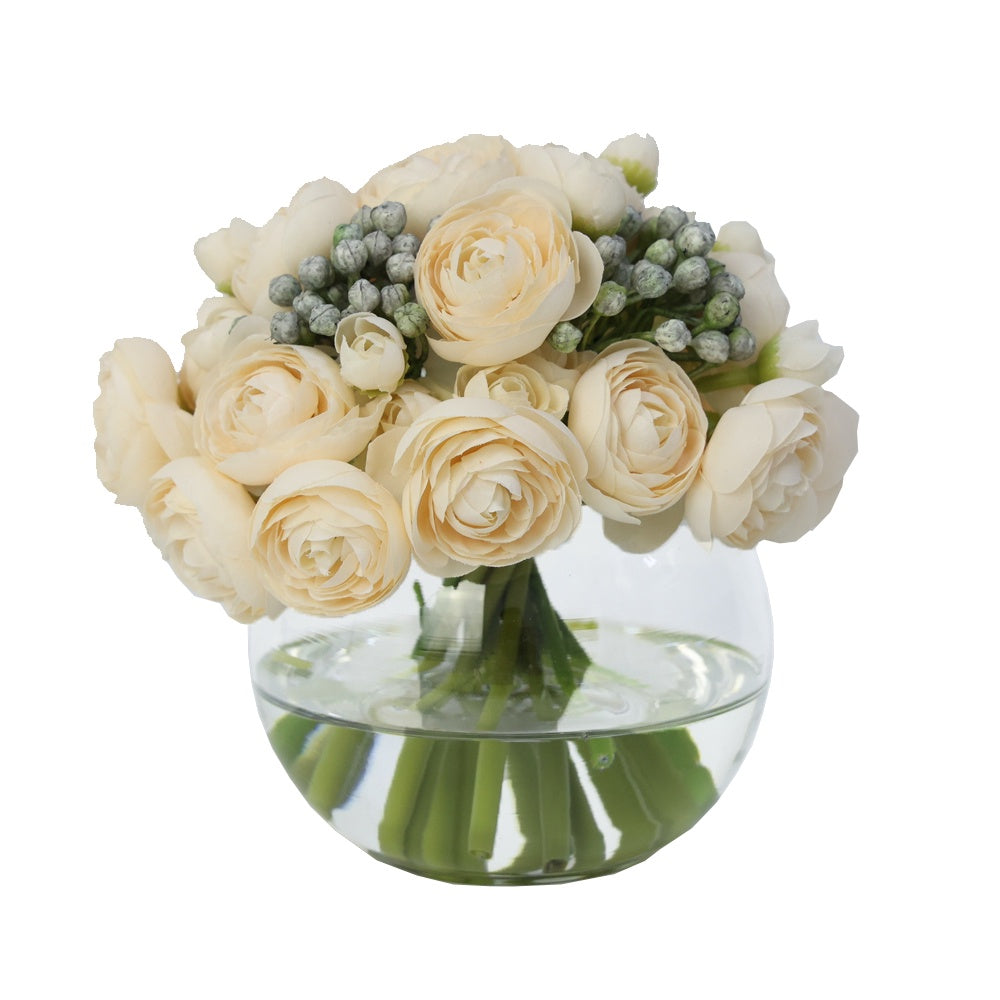 Cream Artificial Mini Ranunculus & Blue Berry Arrangement in Glass Globe Vase - Small IHR-MX105-A