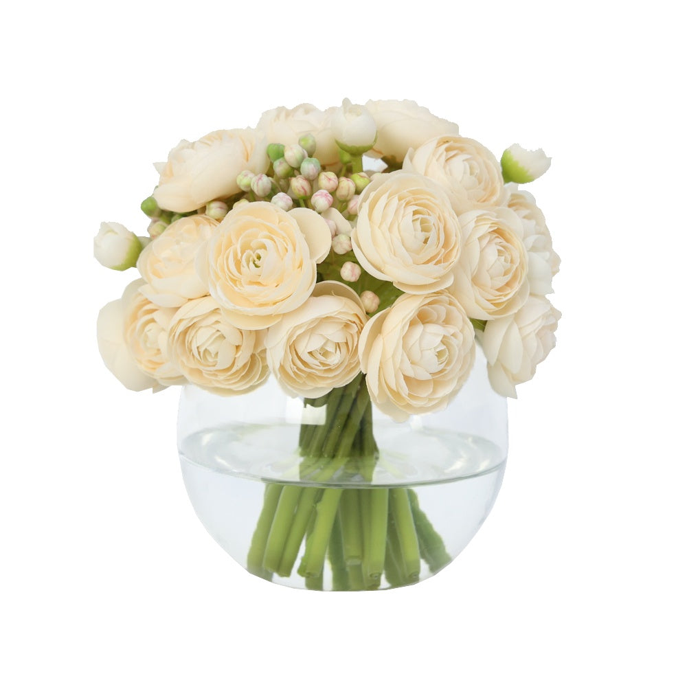 Cream Artificial Mini Ranunculus & Light Pink Berry Arrangement in Glass Globe Vase - Small IHR-MX105-B