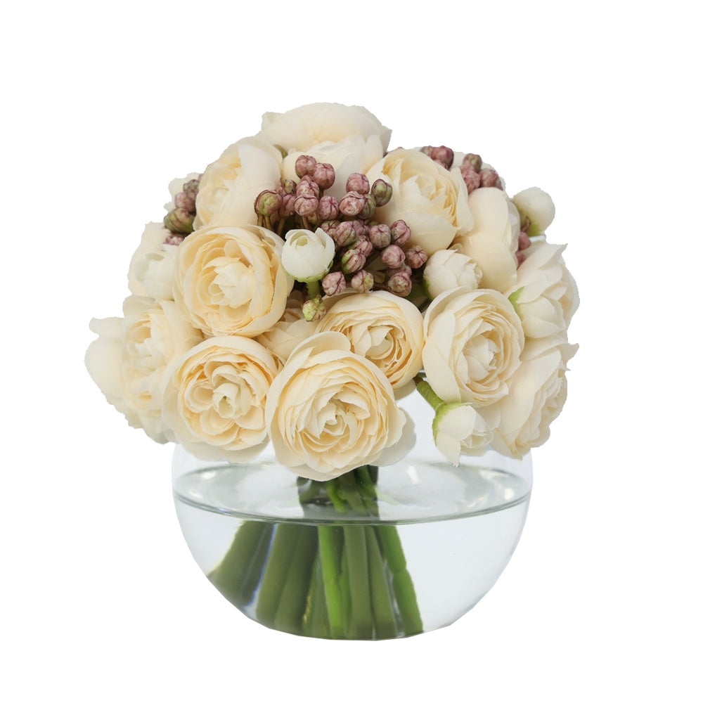 Cream Artificial Mini Ranunculus & Purple Berry Arrangement in Glass Globe Vase - Small IHR-MX105-C