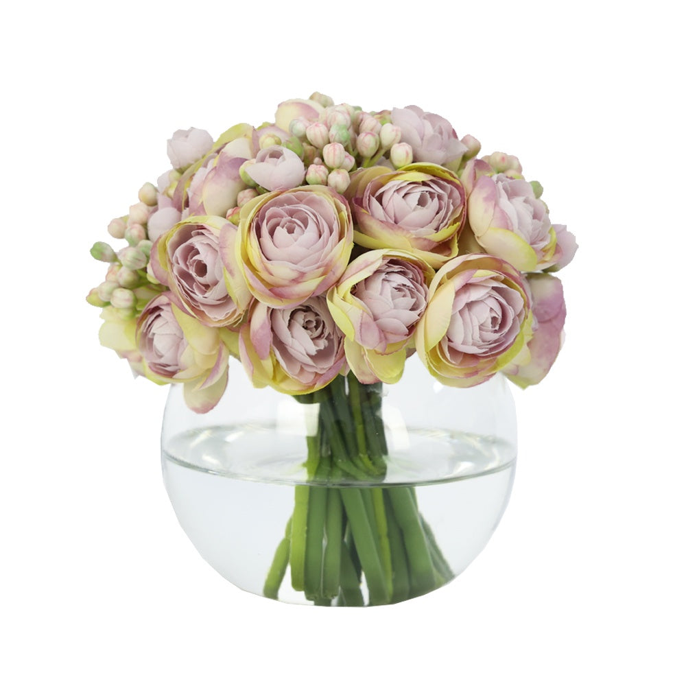 Light Purple Artificial Mini Ranunculus & Light Pink Berry Arrangement in Glass Globe Vase - Small IHR-MX105-D