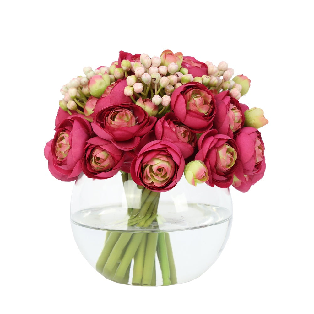 Dark Pink Artificial Mini Ranunculus & Light Pink Berry Arrangement in Glass Globe Vase - Small IHR-MX105-E