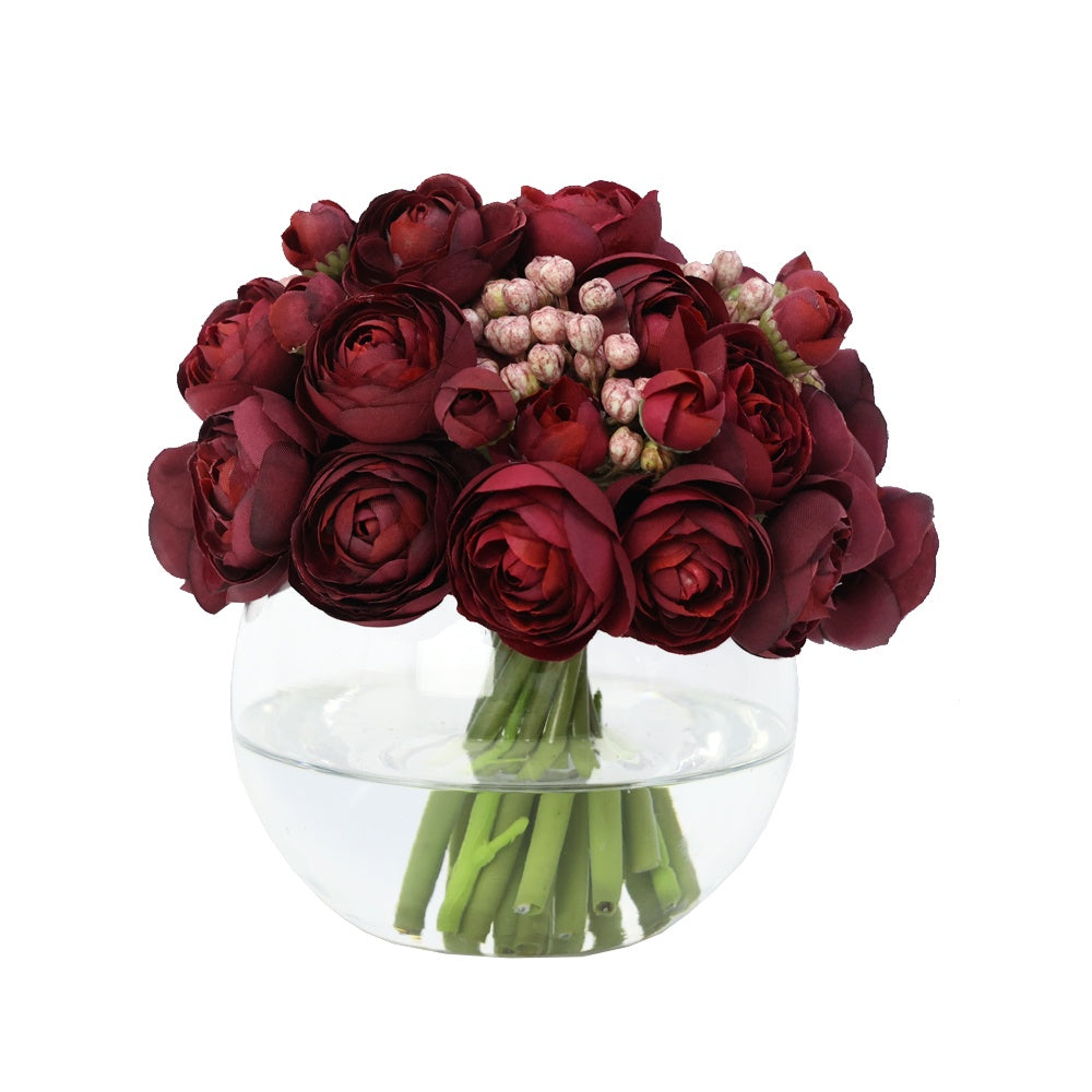 Burgurdy Artificial Mini Ranunculus & Purple Berry Arrangement in Glass Globe Vase - Small IHR-MX105-F
