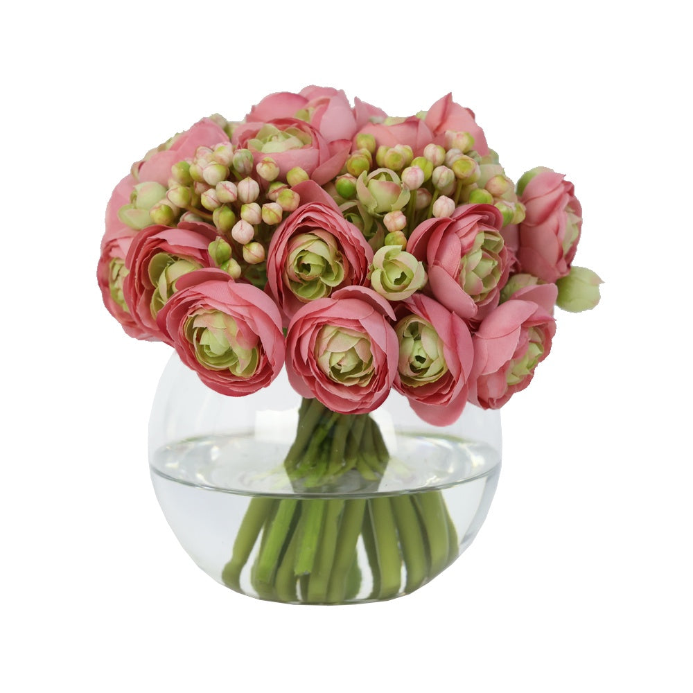 Pink Artificial Mini Ranunculus & Pink Berry Arrangement in Glass Globe Vase - Small IHR-MX105-G