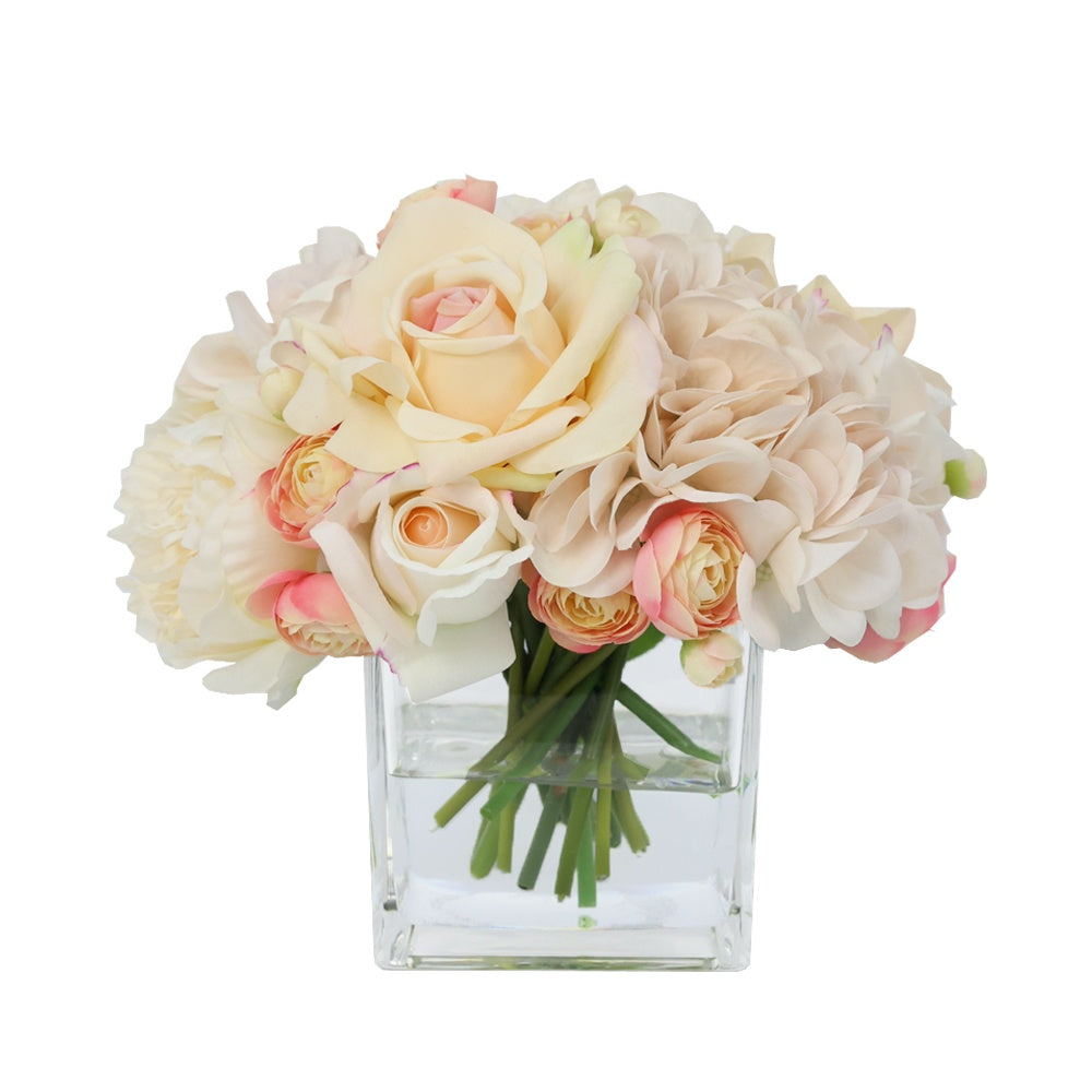 Champagne Artificial Rose, Peony, Mini Ranunculus and Hydrangea Arrangement in Square Vase - Medium IHR-MX106-CH