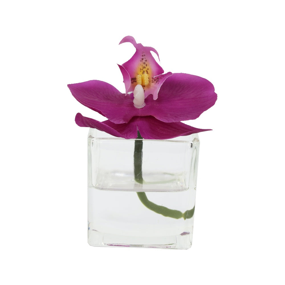 Dark Pink Artificial Orchid Stem in Mini Glass Square Vase IHR-ORC101-DP