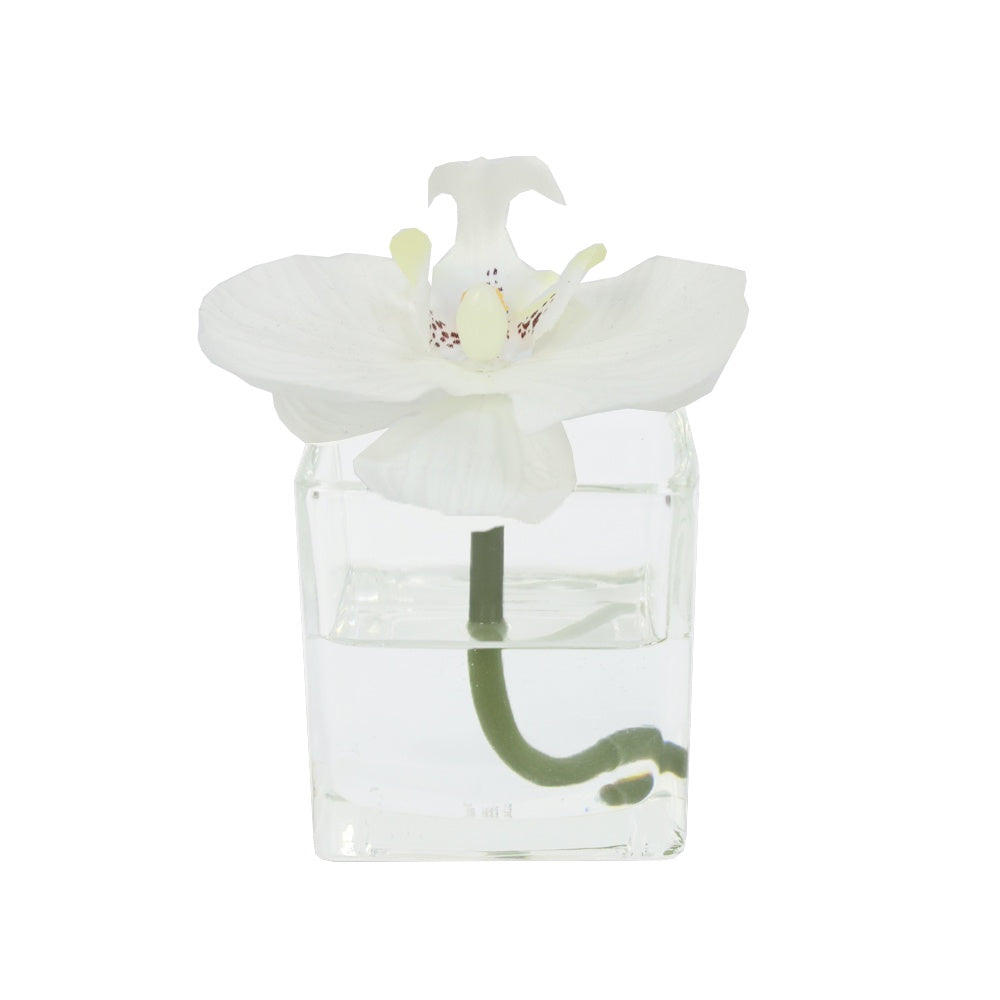 White Artificial Orchid Stem in Mini Glass Square Vase IHR-ORC101-W