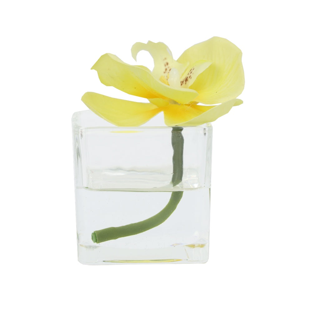 Yellow Artificial Orchid Stem in Mini Glass Square Vase IHR-ORC101-YL