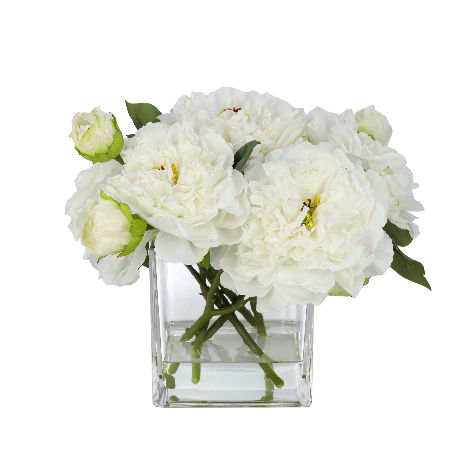 Rustic White Artificial Peony Arrangement in Square Vase - Large IHR-PEO106-W-L