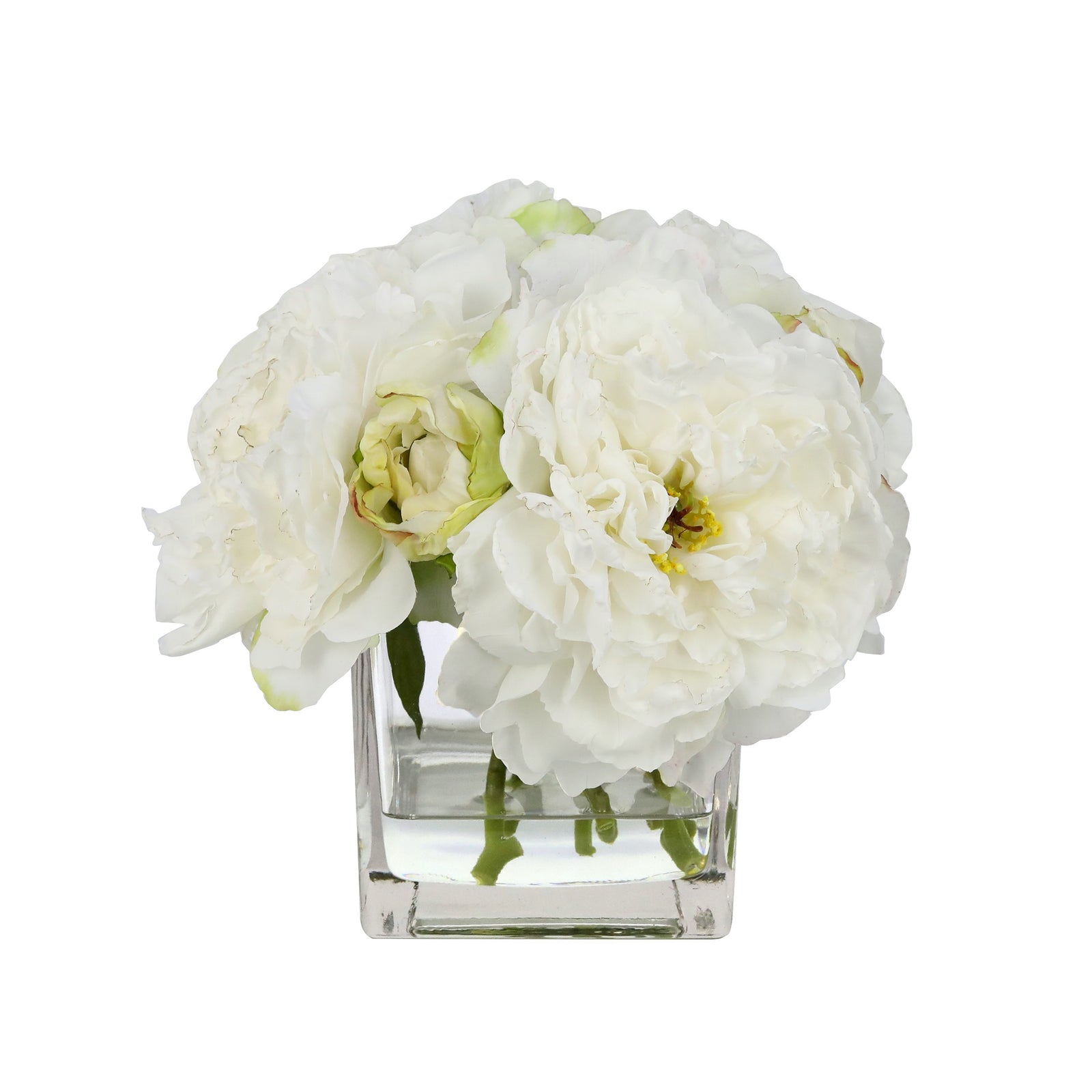 Rustic White Artificial Peony Arrangement in Square Vase - Medium IHR-PEO106-W-M
