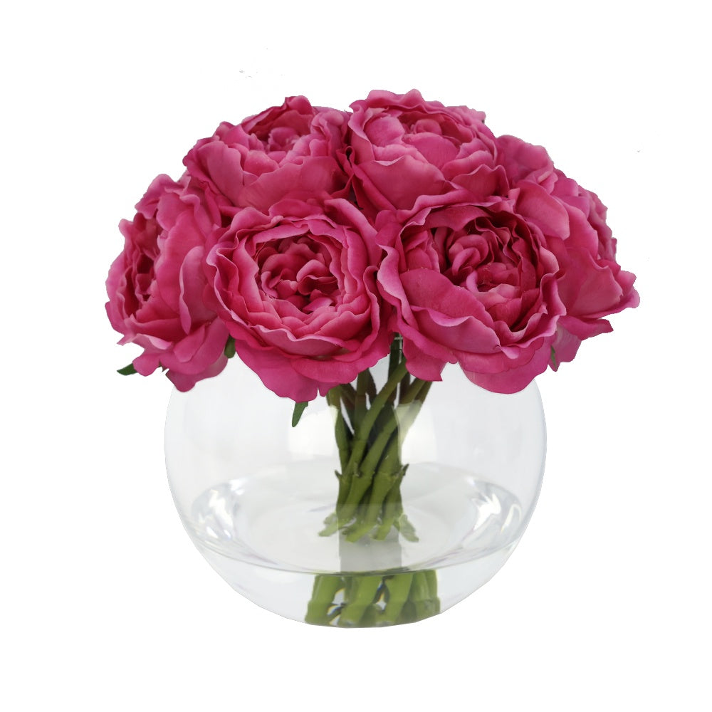 Dark Pink Artificial Austin Rose Arrangement in Glass Globe Vase - Large IHR-PEO110-DP