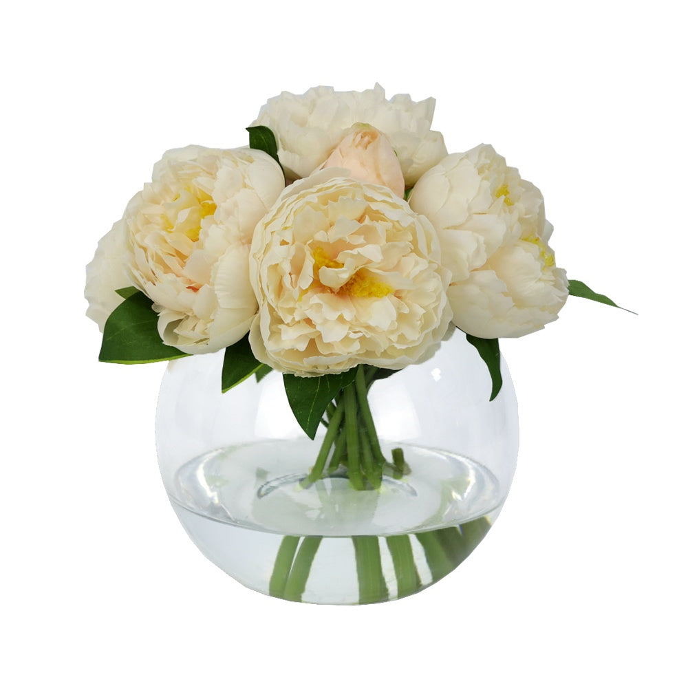 Champagne Artificial Peony Arrangement in Glass Globe Vase - Large IHR-PEO111-CH