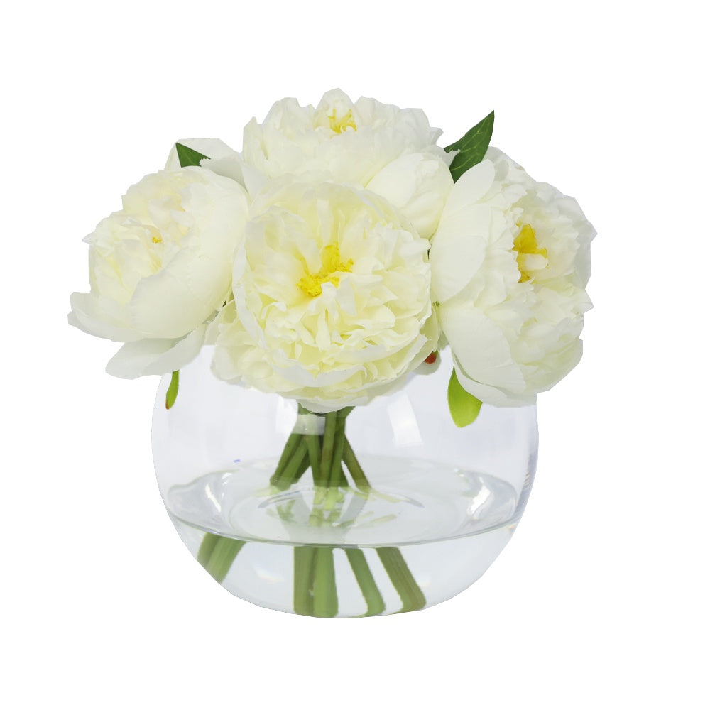 White Artificial Peony Arrangement in Glass Globe Vase - Large IHR-PEO111-W