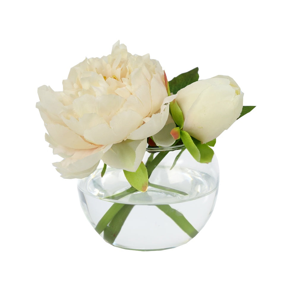 Champagne Artificial Peony Arrangement in Glass Globe Vase - Small IHR-PEO112-CH-S