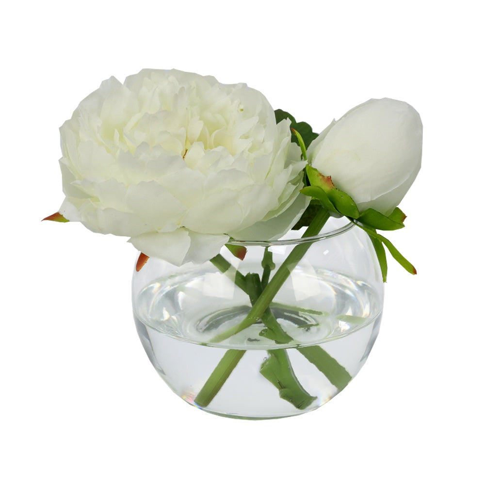 White Artificial Peony Arrangement in Glass Globe Vase - Small IHR-PEO112-W-S