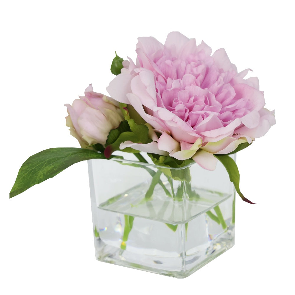 Light Artificial Peony Arrangement in Glass Square Vase - Small IHR-PEO113-LP