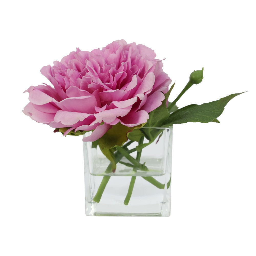 Pink Artificial Peony Arrangement in Glass Square Vase - Small IHR-PEO113-PK