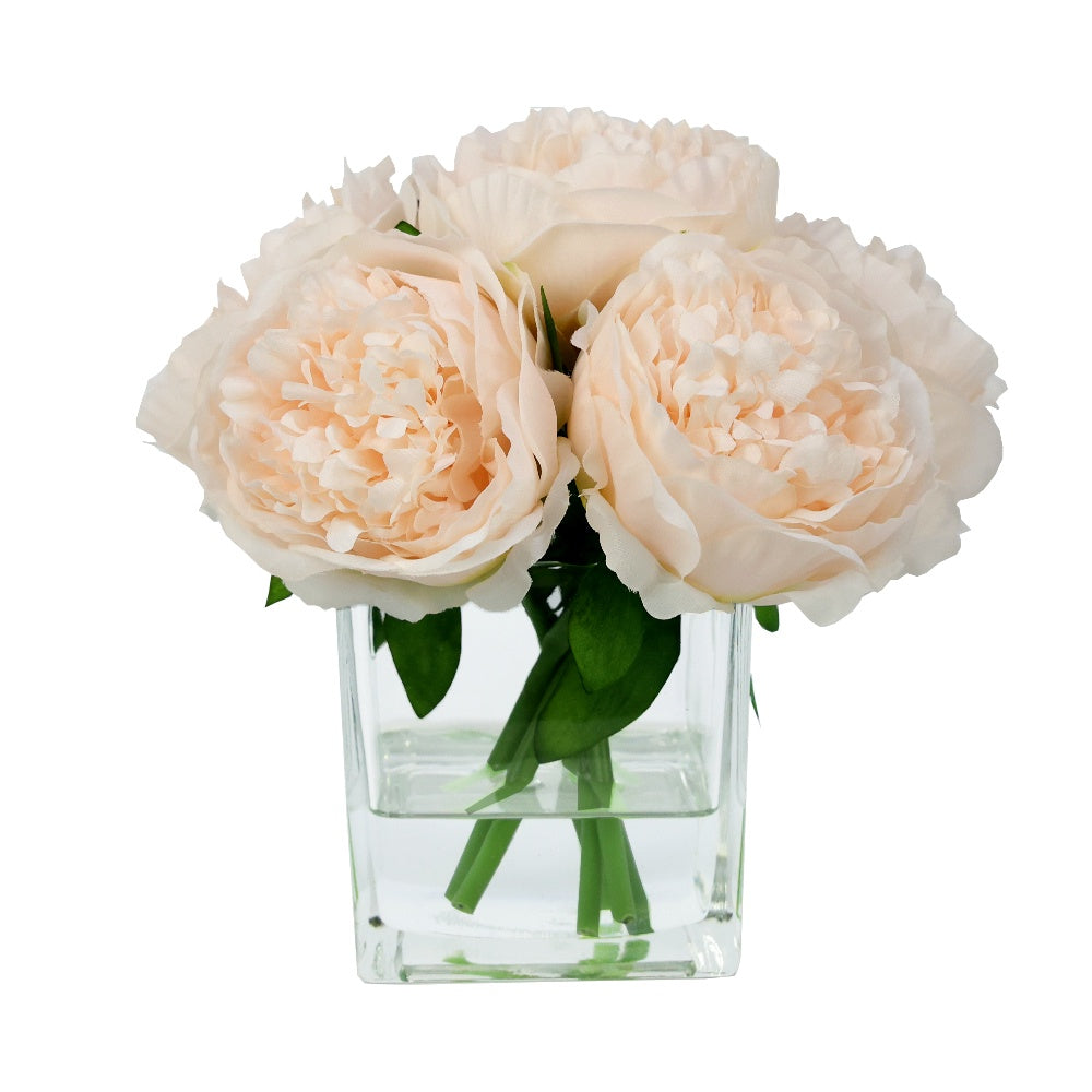 Light Pink Artificial Peony Arrangement in Glass Square Vase - Small IHR-PEO114-LP-S
