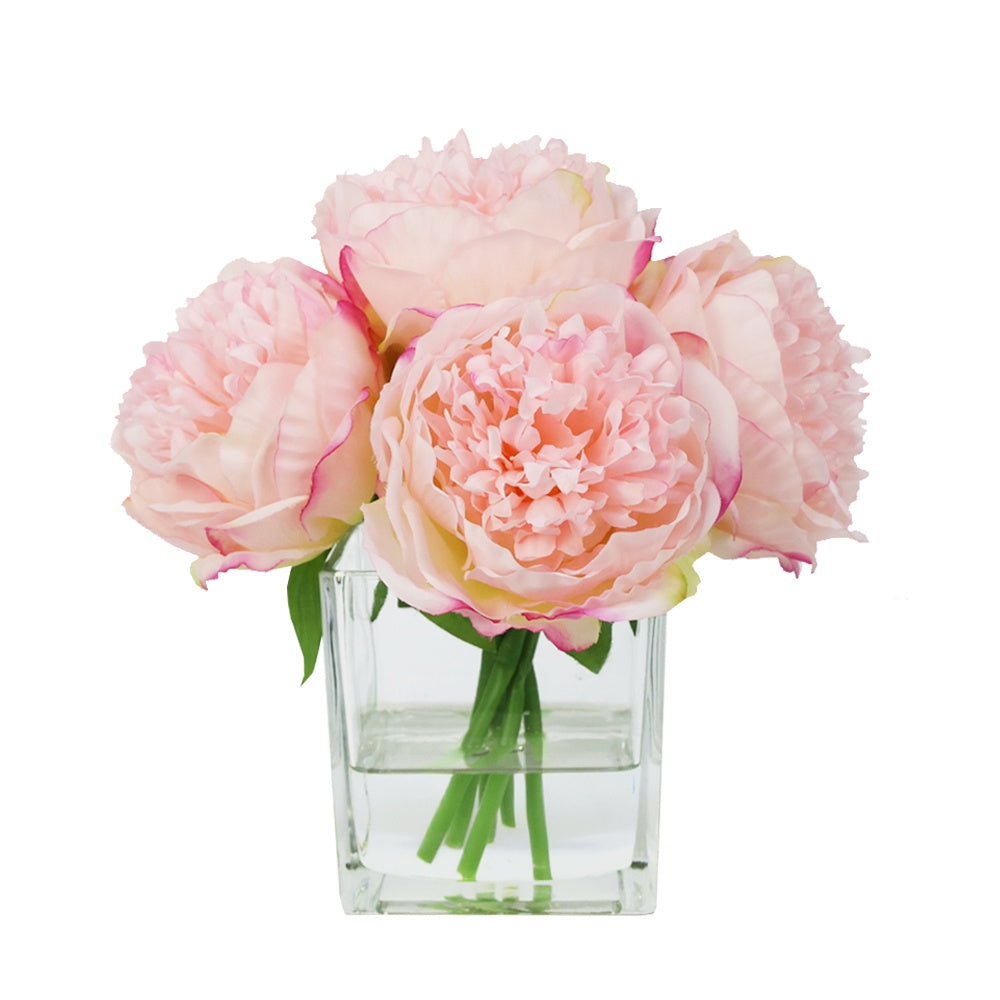 Pink Artificial Peony Arrangement in Glass Square Vase - Small IHR-PEO114-PK-S