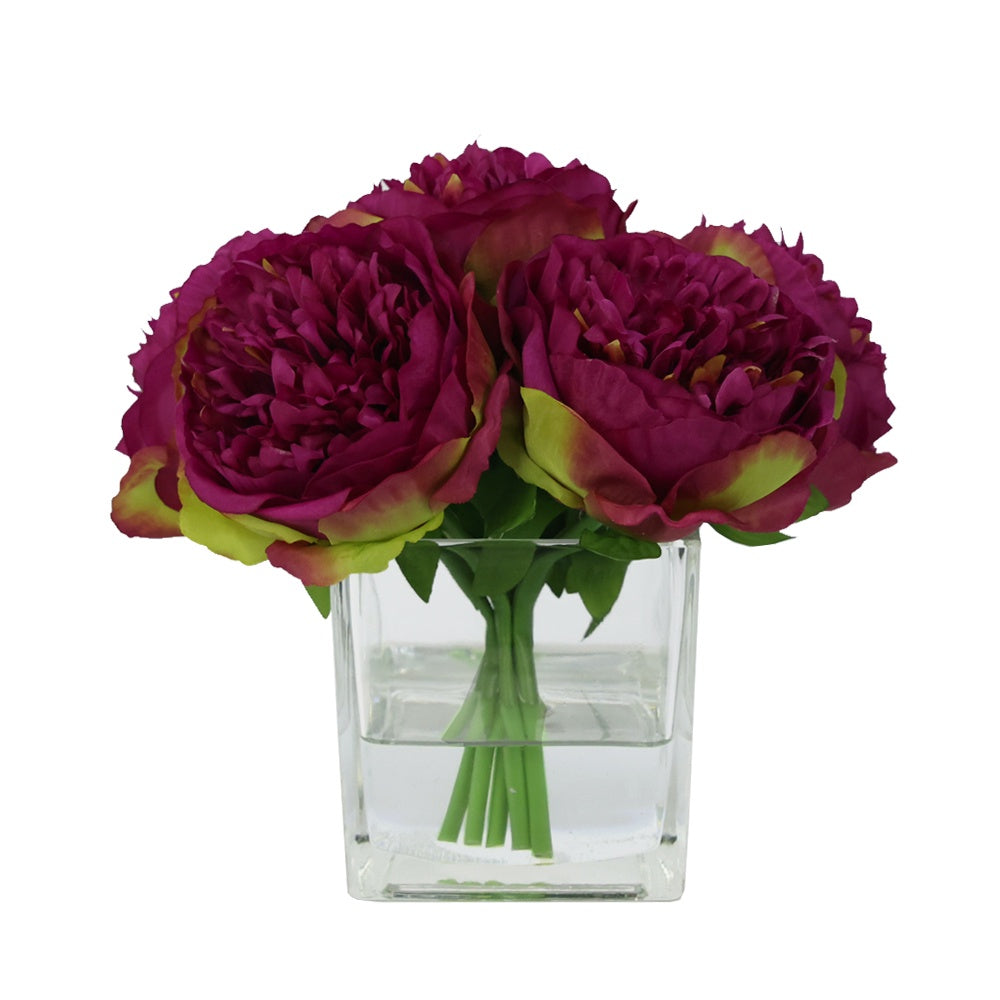 Purple Artificial Peony Arrangement in Glass Square Vase - Small IHR-PEO114-PR-S